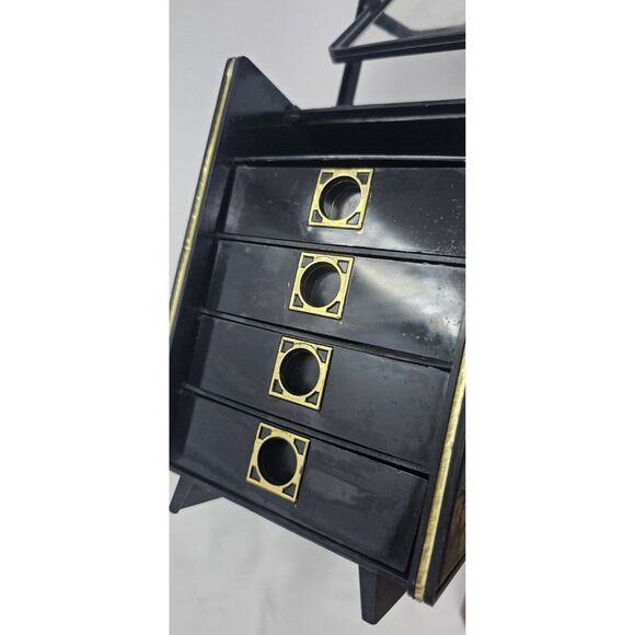 Vintage Hong Kong Black Vanity Jewelry Trinket Box Flip Rotating Mirror Floral - Picture 14 of 16